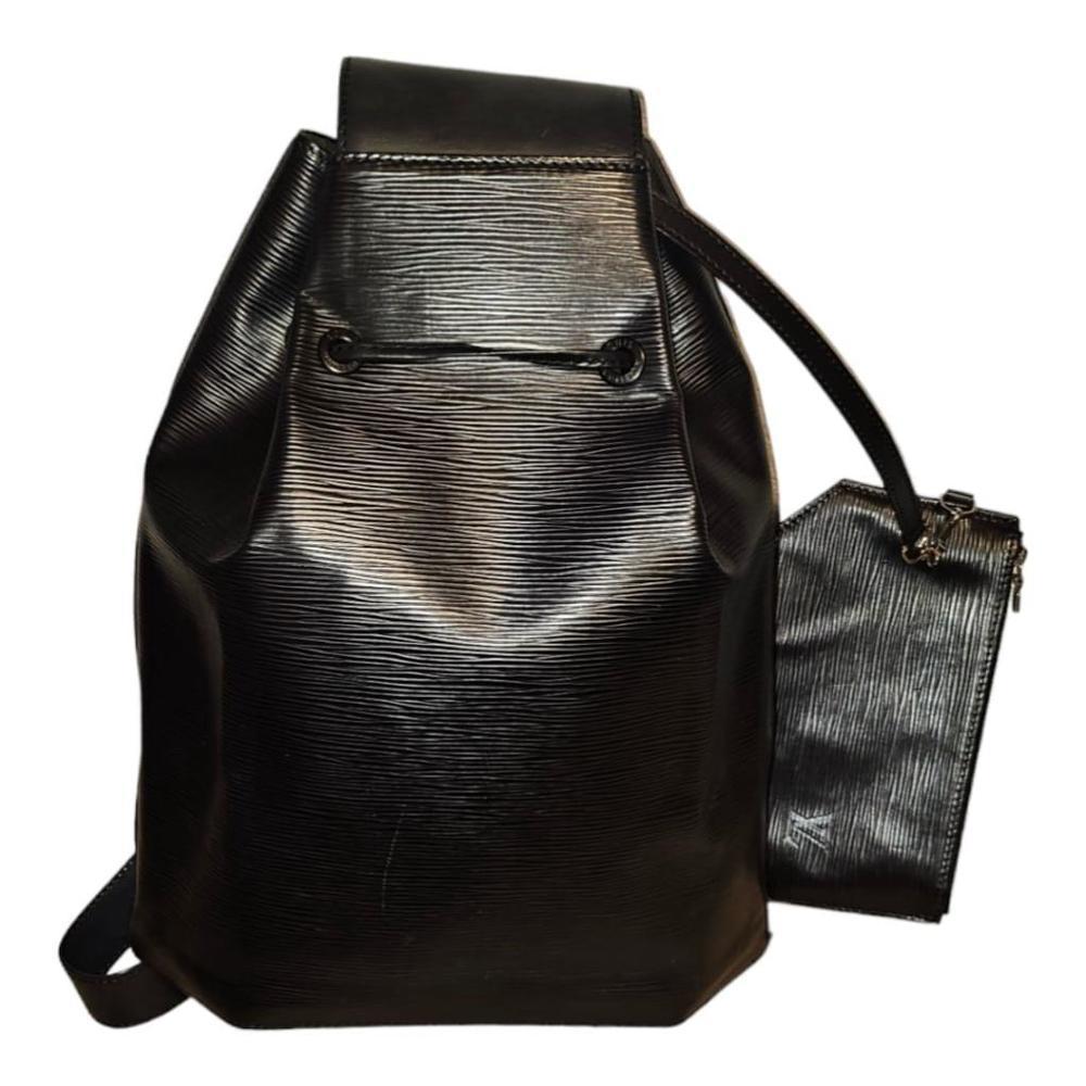 Unisex Louis Vuitton Leather Drawstring Sling Backpack Black With LV Pouch